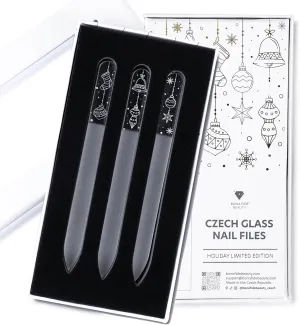 Christmas Gift Set of 3Pc Czech Glass Nail Files (Limited Ed.) by Bona Fide Beauty - Ideal Holiday Gift, Nail Care Stocking Stuffer for Women