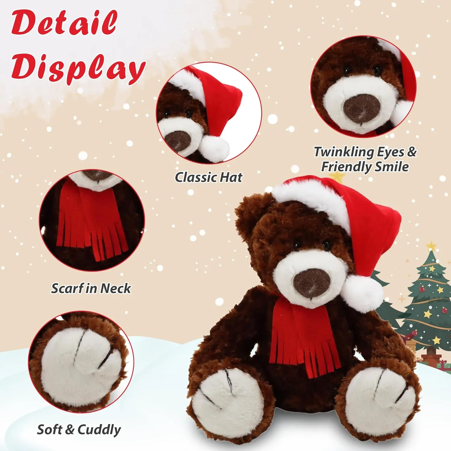 Christmas Logan Teddy Bear Stuffed Animal - Adorable Xmas Plush Toy with Hat and Scarf - Soft and Cuddly Winter Companion for Kids and Seniors - 12 inch (Chocolate)