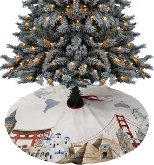 Christmas Tree Skirt 48in, Christmas Decorations Tree Skirt, Statue of Liberty, Pyramid, London Big Ben Travel Theme World Map Christmas Tree Skirt for Holiday Party, Christmas Tree Decorations
