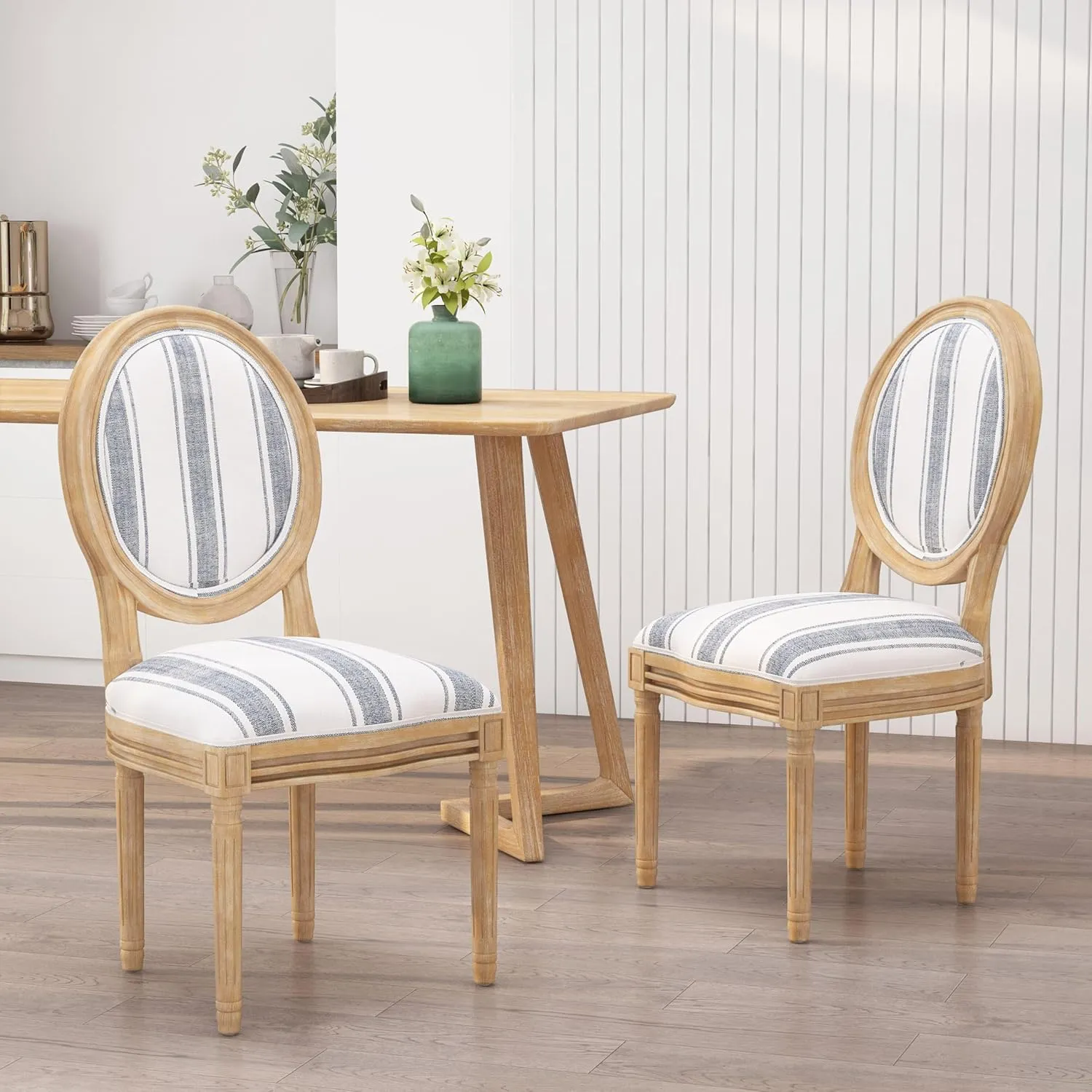 Christopher Knight Home Phinnaeus Dining Chair Set, Set of 2, Rubberwood, Dark Blue Line   Natural