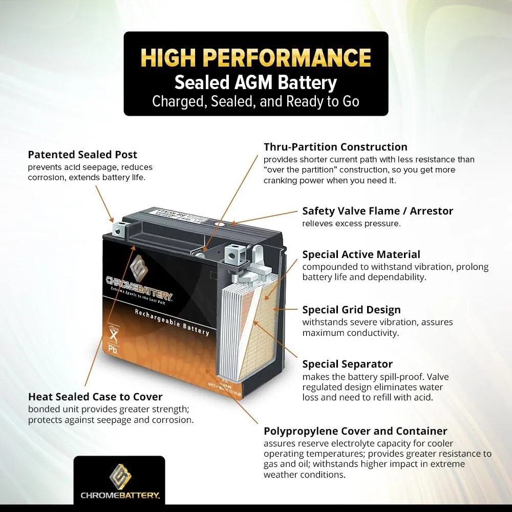 Chrome Battery 12-BS Maintenance-Free 12V 12Ah Battery Replacement for ATV, Motorcycle, Jet Skis, Scooter, UTV, and More - Nut and Bolt (T3) Terminal