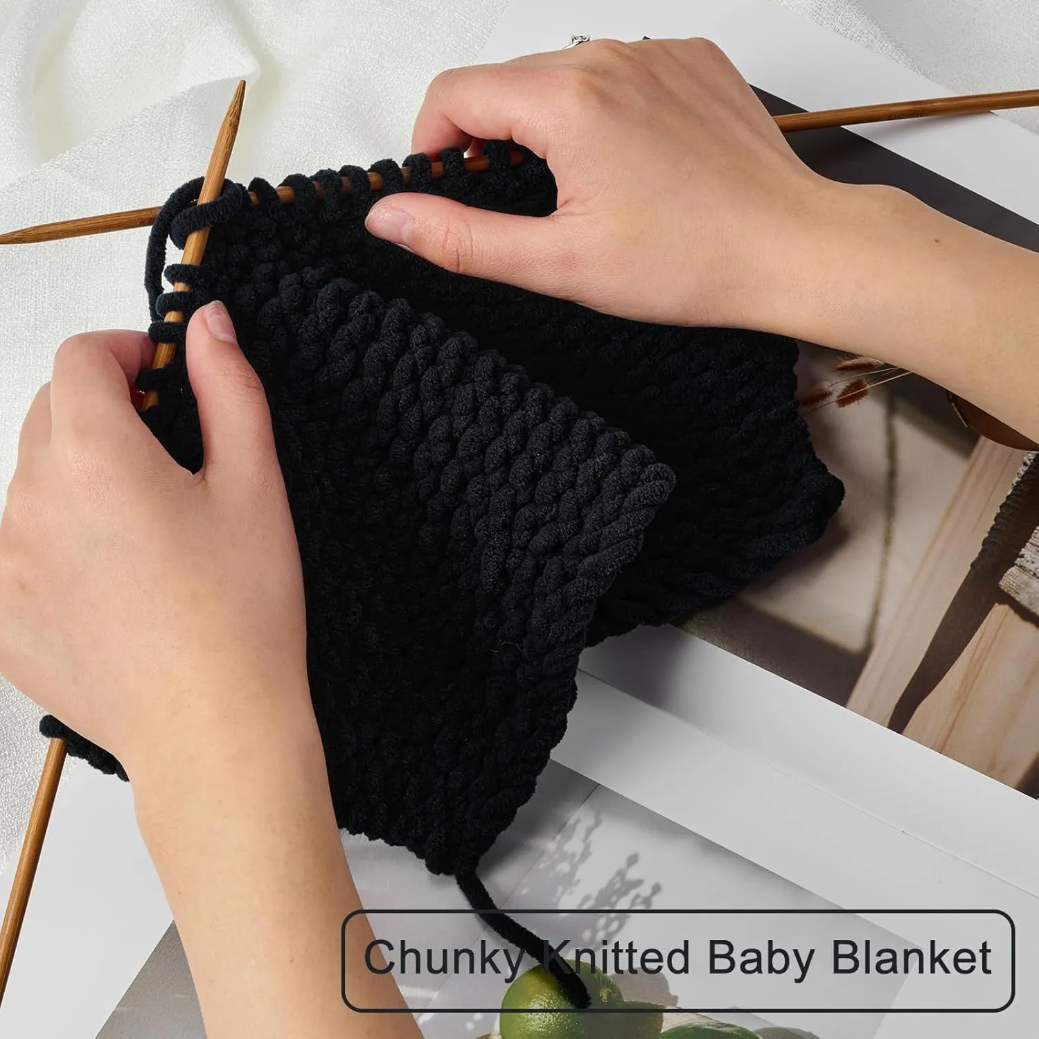 Chunky Chenille Yarn for Knitting/Crochet Baby Blanket Fancy Yarn for Amigurumi #6 Super Bulky Extra Thick Soft Fluffy Big Yarn Hat Scarf Christmas Decor Beginner Friendly,0.66lb,Black