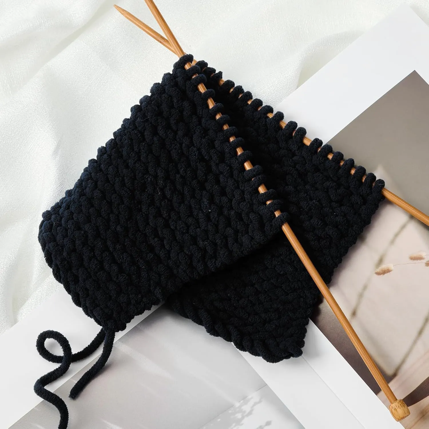 Chunky Chenille Yarn for Knitting/Crochet Baby Blanket Fancy Yarn for Amigurumi #6 Super Bulky Extra Thick Soft Fluffy Big Yarn Hat Scarf Christmas Decor Beginner Friendly,0.66lb,Black