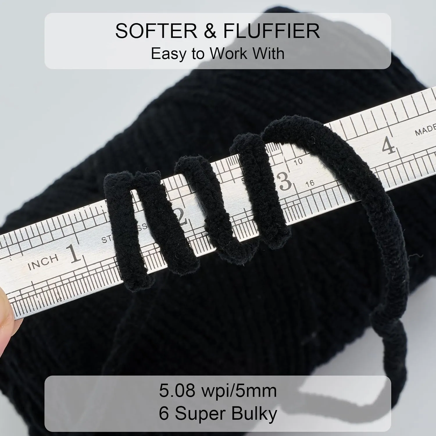 Chunky Chenille Yarn for Knitting/Crochet Baby Blanket Fancy Yarn for Amigurumi #6 Super Bulky Extra Thick Soft Fluffy Big Yarn Hat Scarf Christmas Decor Beginner Friendly,0.66lb,Black
