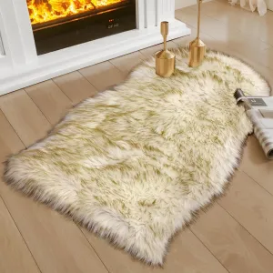 Ciicool Faux Sheepskin Rugs Soft Faux Fur Rug White Gradient Dark Green Fluffy Chair Couch Cover Fuzzy Carpet for Bedroom Floor Sofa Living Room 2x3 Feet