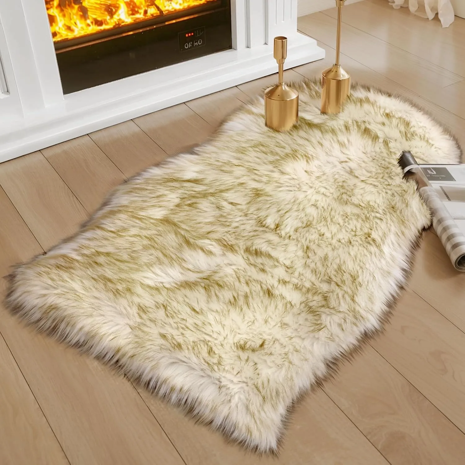 Ciicool Faux Sheepskin Rugs Soft Faux Fur Rug White Gradient Dark Green Fluffy Chair Couch Cover Fuzzy Carpet for Bedroom Floor Sofa Living Room 2x3 Feet