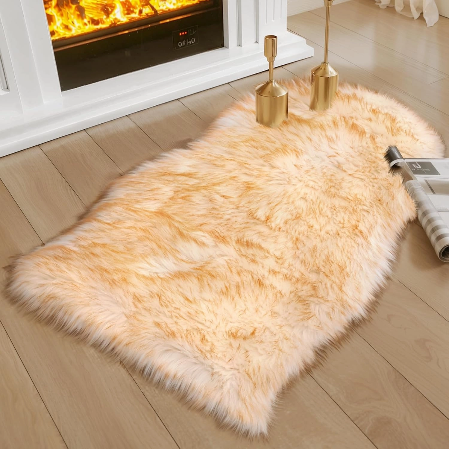Ciicool Faux Sheepskin Rugs Soft Faux Fur Rug White Gradient Brown Fluffy Chair Couch Cover Fuzzy Carpet for Bedroom Floor Sofa Living Room 2x3 Feet