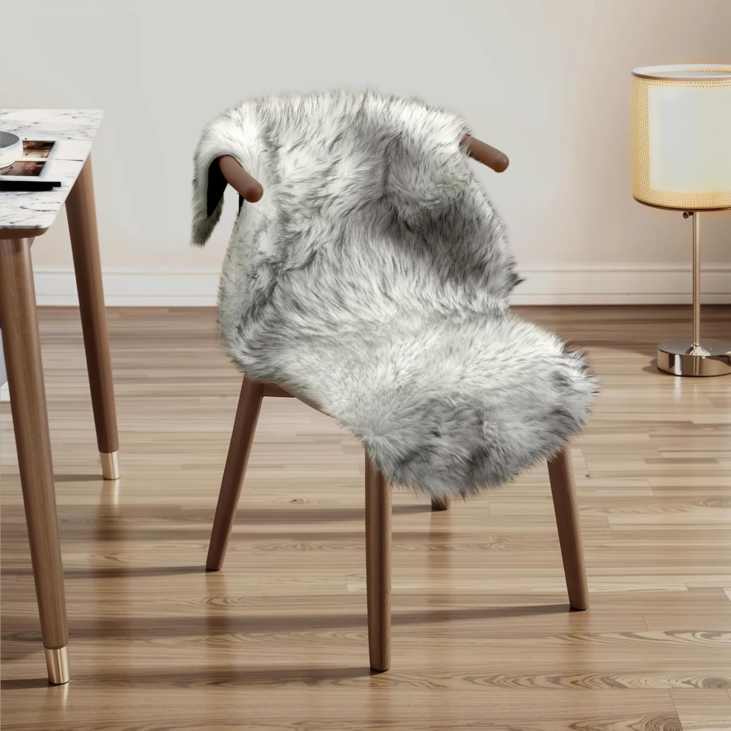 Ciicool Faux Sheepskin Rugs Soft Faux Fur Rug White Gradient Sliver Black Fluffy Chair Couch Cover Fuzzy Carpet for Bedroom Floor Sofa Living Room 2x3 Feet
