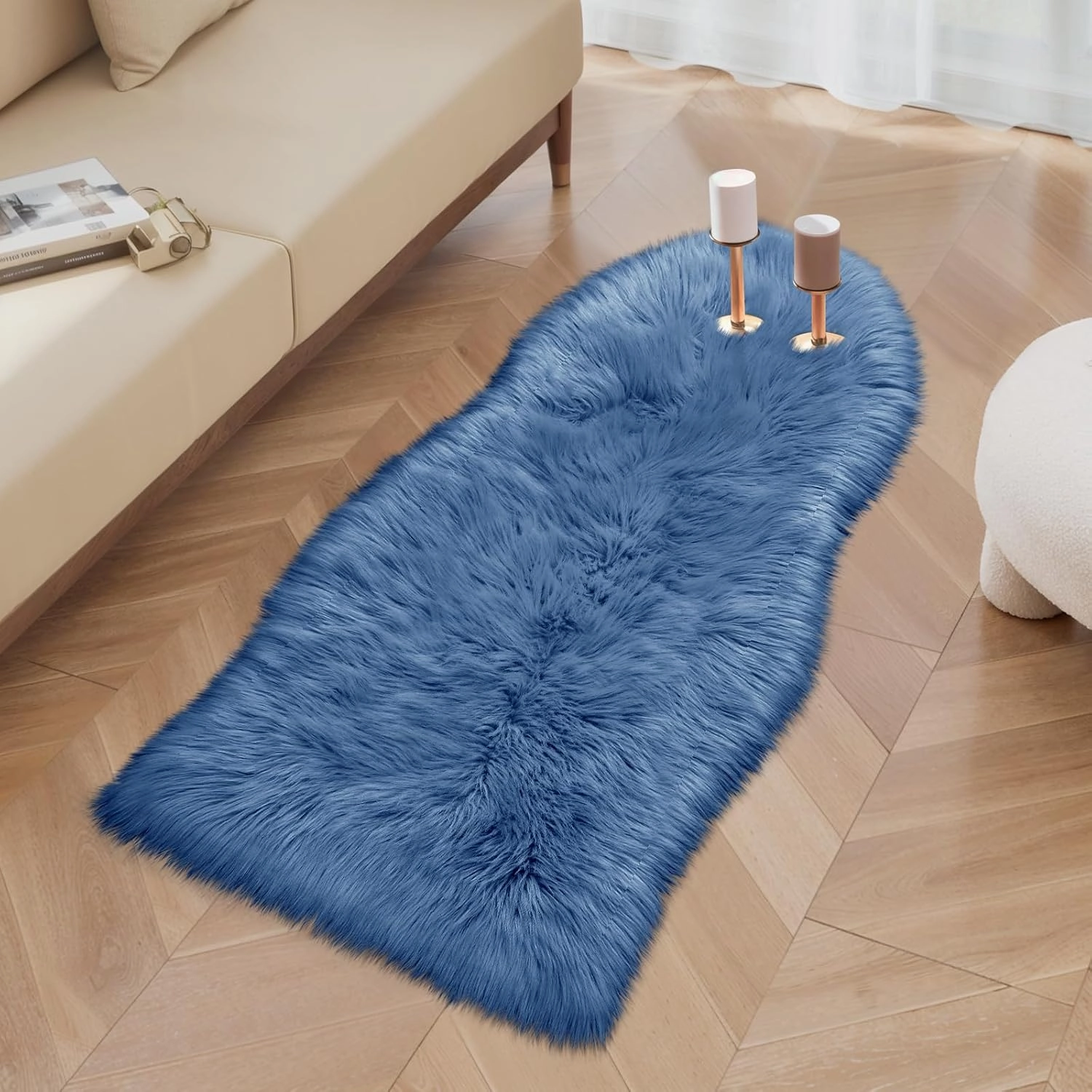 Ciicool Ultra Soft Faux Sheepskin Fur Rug Fluffy Chair Rug for Sofa Couch Seat Cushion.Shaggy Furry Small 2x4 Dark Blue Bedroom Fuzzy Carpet for Living Room Kid's Room Nursery Decor