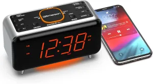 CKS1521 SmartSet Bluetooth Dual Alarm Clock Radio with 1.4” Orange LED Display, USB Charger, FM Radio, AUX Input, Auto-Dimmer, and Orange Accent Light