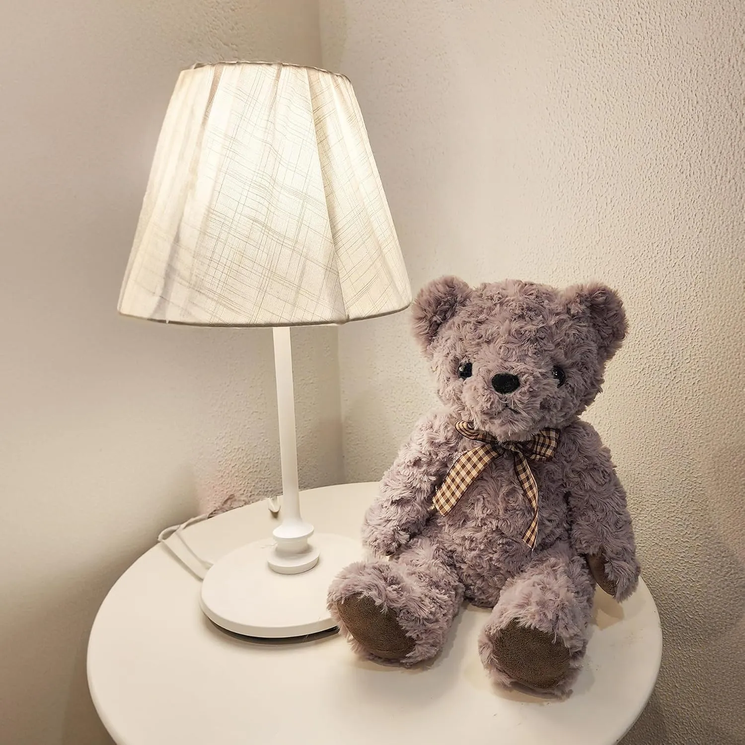 Classic Fluffy Teddy Bear Plush Toys Stuffed Animals with Vintage Lattice Tie for Kids Babies Birthday Bedtime, 11.8 inches Gray