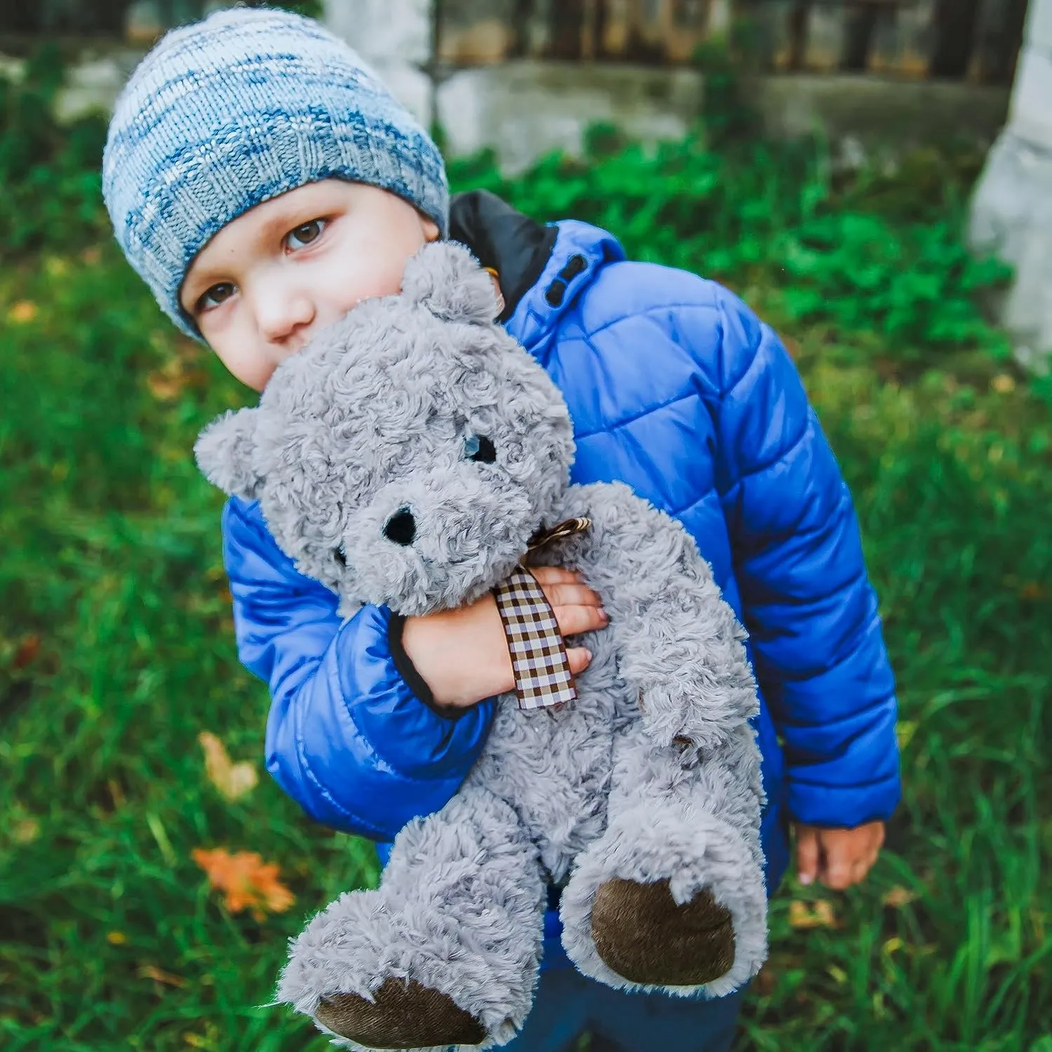 Classic Fluffy Teddy Bear Plush Toys Stuffed Animals with Vintage Lattice Tie for Kids Babies Birthday Bedtime, 11.8 inches Gray