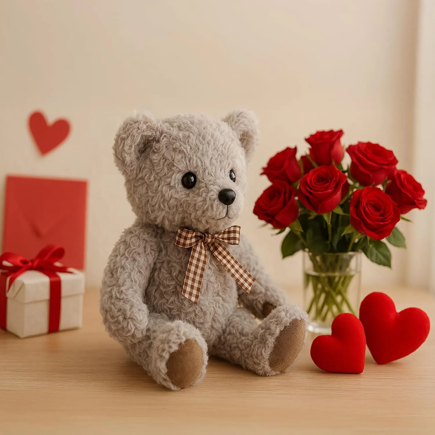 Classic Fluffy Teddy Bear Plush Toys Stuffed Animals with Vintage Lattice Tie for Kids Babies Birthday Bedtime, 11.8 inches Gray