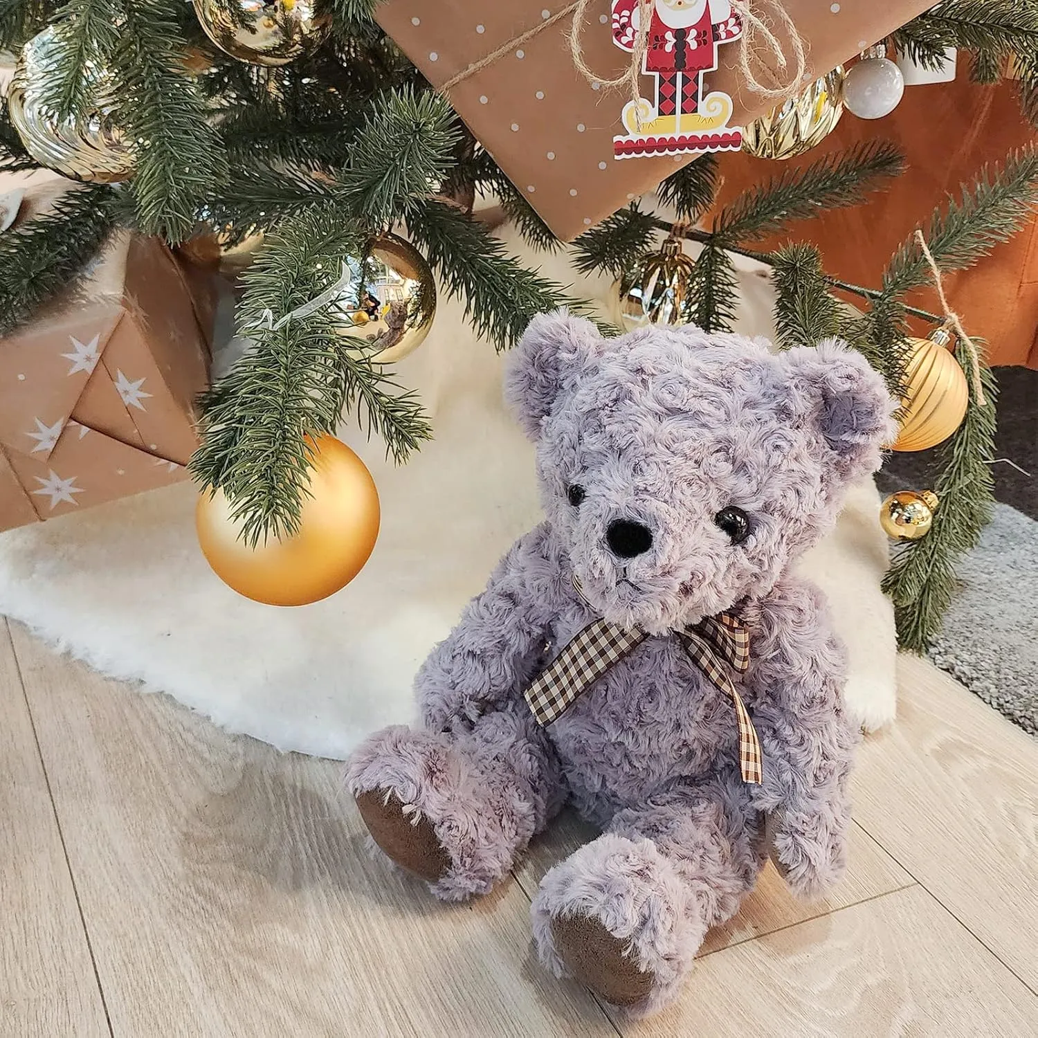Classic Fluffy Teddy Bear Plush Toys Stuffed Animals with Vintage Lattice Tie for Kids Babies Birthday Bedtime, 11.8 inches Gray