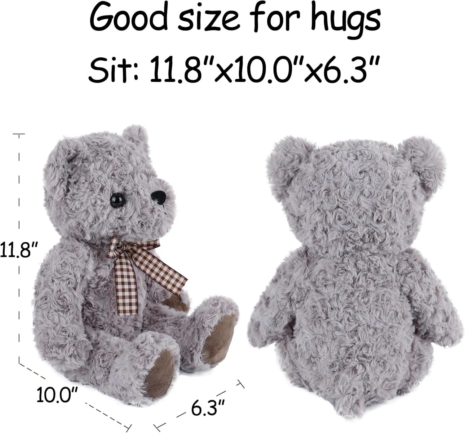 Classic Fluffy Teddy Bear Plush Toys Stuffed Animals with Vintage Lattice Tie for Kids Babies Birthday Bedtime, 11.8 inches Gray