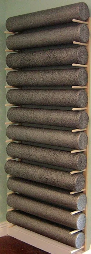 Classy Wood Foam Roller & Yoga Mat Storage Rack. Holds 4, 8, 12 etc. Modular (Sold by The Pairs and no. of Pairs You get Determines no. of mats/Rollers You Hold). Easy Wall Mount & Hardware.
