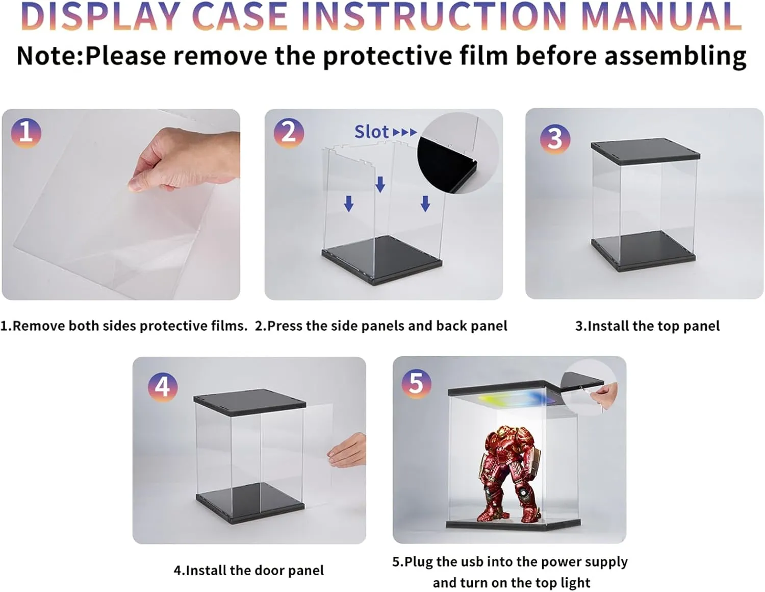 Clear Acrylic Display Case with Light for 400% bearbrick, Multiple Color Lights Dustproof Protection Display Box for Collectibles Action Figures（6×6×12inch）