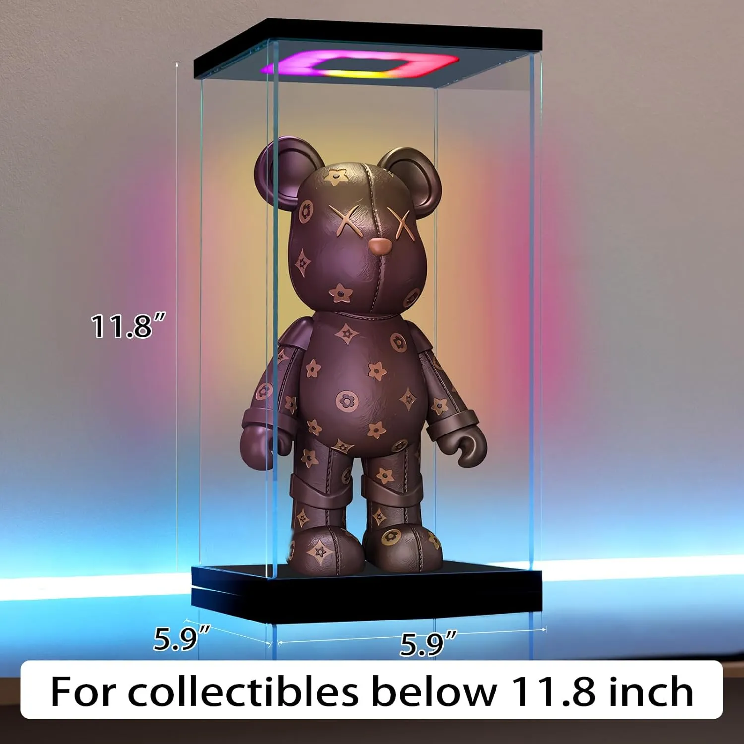 Clear Acrylic Display Case with Light for 400% bearbrick, Multiple Color Lights Dustproof Protection Display Box for Collectibles Action Figures（6×6×12inch）
