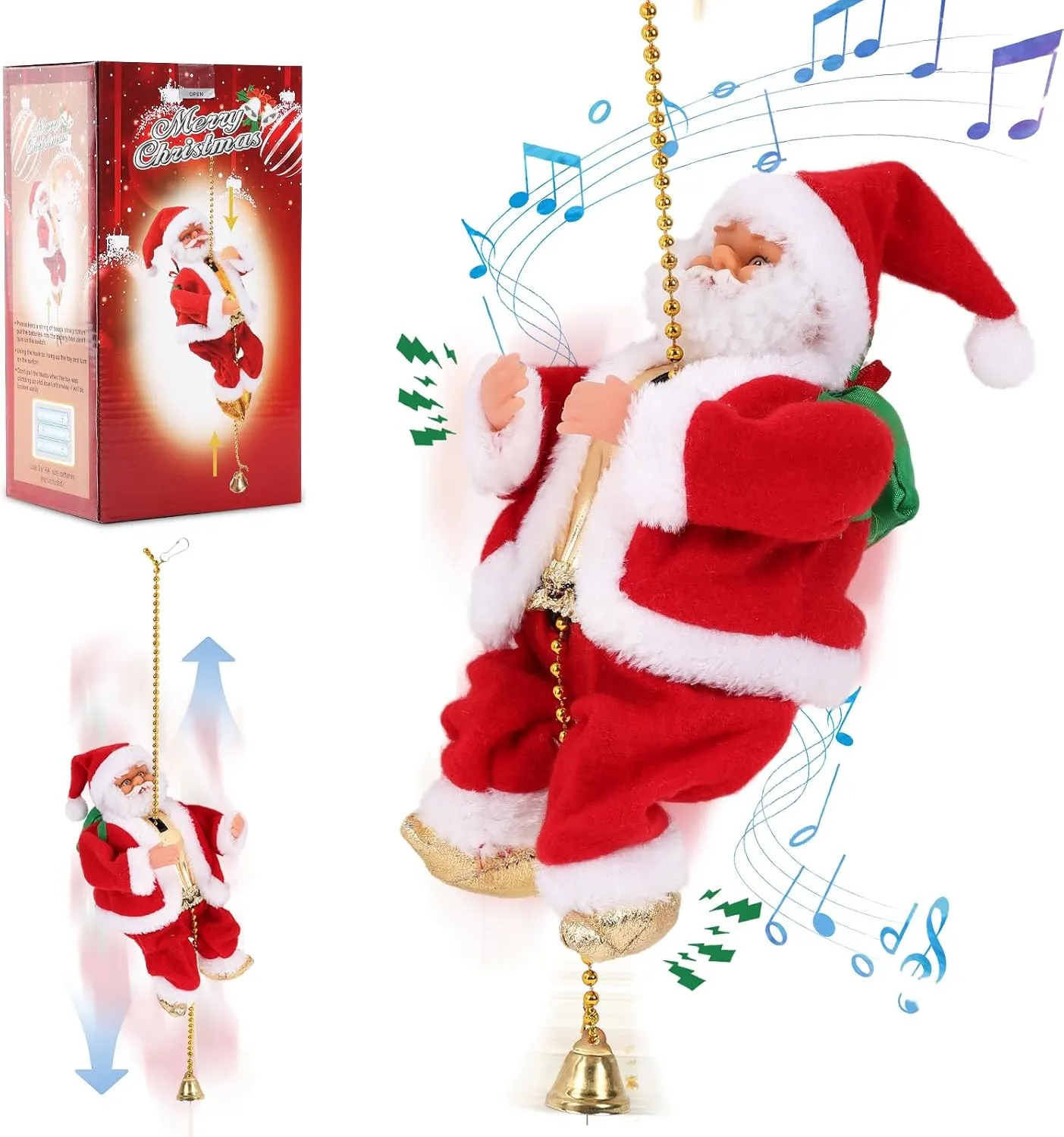 Climbing Santa with Music,Novelty Electric Climbing Santa Claus on Rope Sound can be Turned Off, Santa Climbing Animated Christmas Decorations are Xmas Great Gift