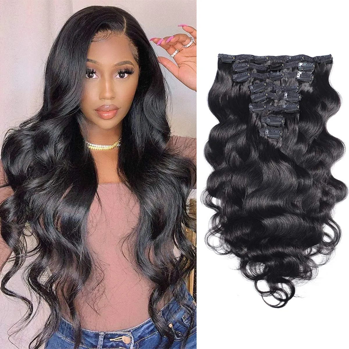 Clip in Hair Extensions Brazilian Body Wave Hair Natural #1B 100% Unprocessed Virgin Human Hair Cheap 8 Pieces/Lot 125g with 16 Clips（14", Body Wave）