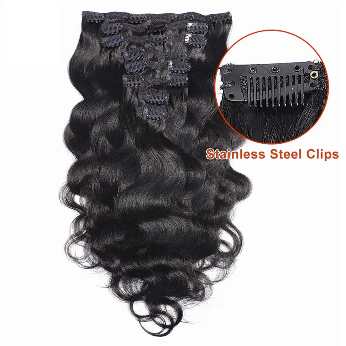 Clip in Hair Extensions Brazilian Body Wave Hair Natural #1B 100% Unprocessed Virgin Human Hair Cheap 8 Pieces/Lot 125g with 16 Clips（14", Body Wave）