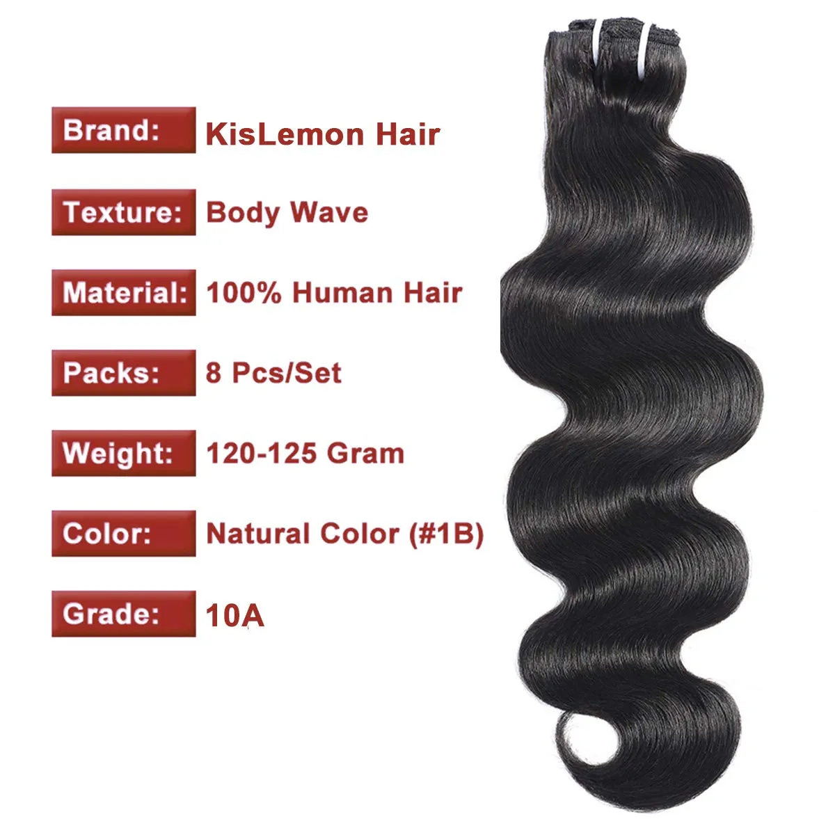 Clip in Hair Extensions Brazilian Body Wave Hair Natural #1B 100% Unprocessed Virgin Human Hair Cheap 8 Pieces/Lot 125g with 16 Clips（14", Body Wave）