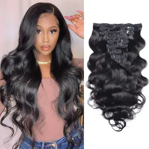 Clip in Hair Extensions Brazilian Body Wave Hair Natural #1B 100% Unprocessed Virgin Human Hair Cheap 8 Pieces/Lot 125g with 16 Clips（14", Body Wave）