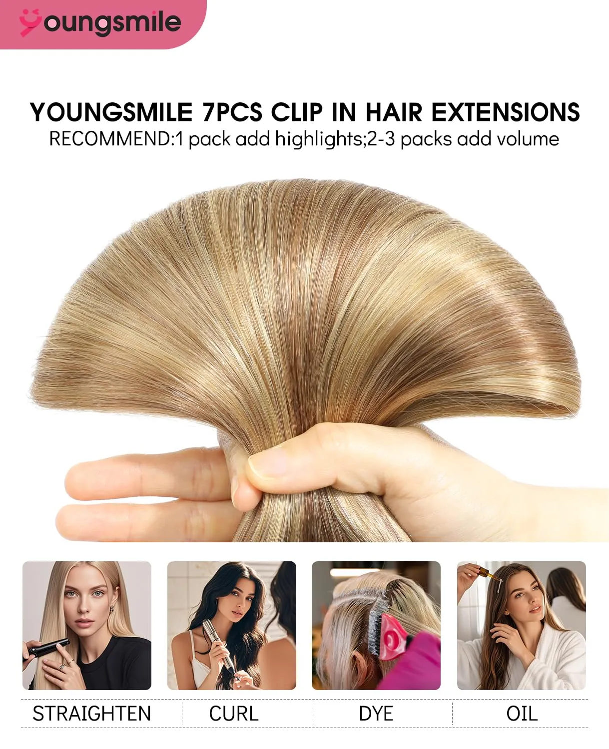Clip in Hair Extensions Human Hair, Silk Straight, Human Hair Extensions Clip in,Light Blonde Fading to Ash Blonde, Full Head, 18 Inch 160 Gram 7Pcs/Set,Double Weft (7C#10/27/27-18Inch)