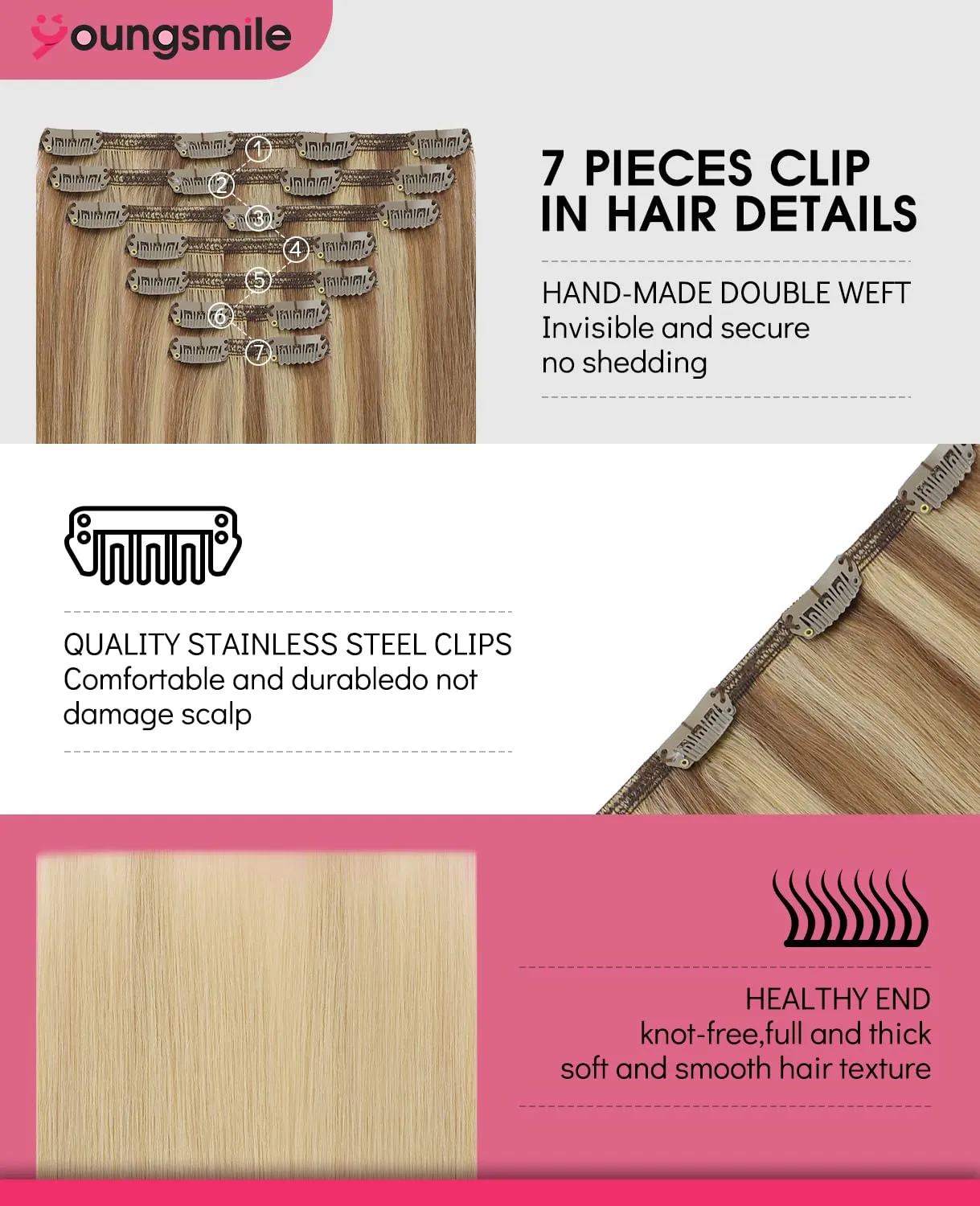 Clip in Hair Extensions Human Hair, Silk Straight, Human Hair Extensions Clip in,Light Blonde Fading to Ash Blonde, Full Head, 18 Inch 160 Gram 7Pcs/Set,Double Weft (7C#10/27/27-18Inch)