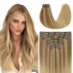 Clip in Hair Extensions Human Hair, Silk Straight, Human Hair Extensions Clip in,Light Blonde Fading to Ash Blonde, Full Head, 18 Inch 160 Gram 7Pcs/Set,Double Weft (7C#10/27/27-18Inch)