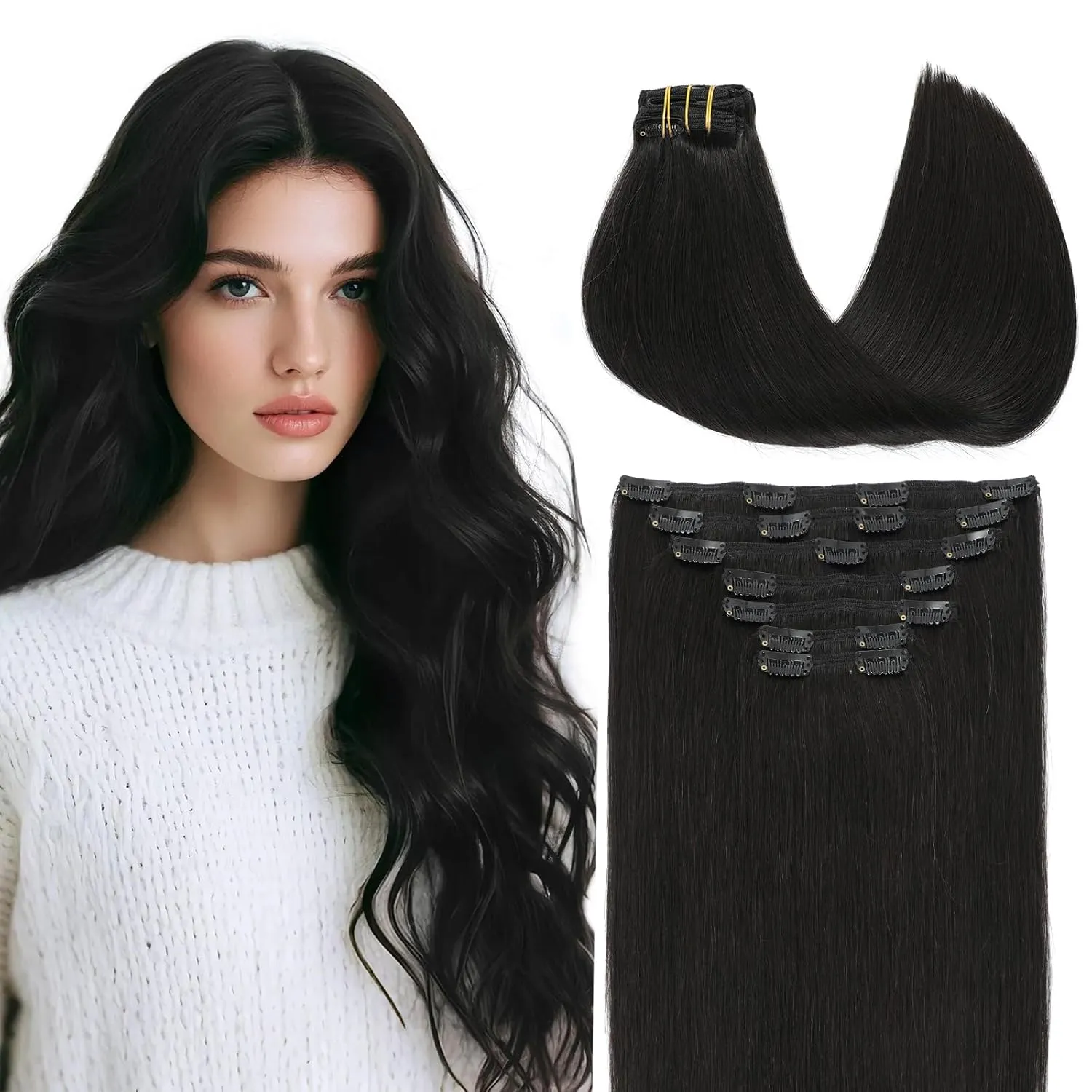 Clip in Hair Extensions Real Human Hair #1B Color Natural Black Remy Human Hair Extensions Clip in Double Weft Silky Straight for Women 7 Pcs18 Inch 160 Gram 7Pcs (7C#1B-18Inch)