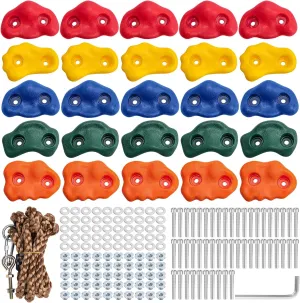 CMOOD Rock Climbing Holds, Rock Climbing Wall for Kids Rock Wall Climbing Kit for Indoor Outdoor Playground Play Set with Mounting Screws, Knotted Rope and 25 Handles