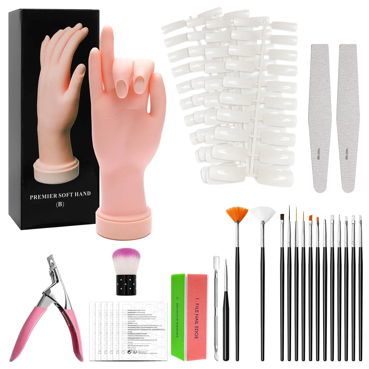 Coitak Practice Hand for Acrylic Nails, Flexible Fake Hands, Manicure Training Hand Nail Kit for Beginners, Nail Practice Hand with 200PCS Nail Tips, Nail Glue Stickers, Brush and Clipper