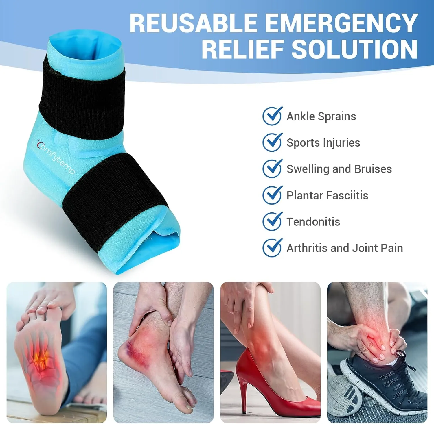 Comfytemp Large Ankle & Foot Ice Pack Wrap for Plantar Fasciitis Relief, FSA/HSA Eligible, Brace for Sprained Ankle, Heel Spur, Swelling, Achilles Tendonitis, Pain, Hot & Cold Therapy, 1 Pack