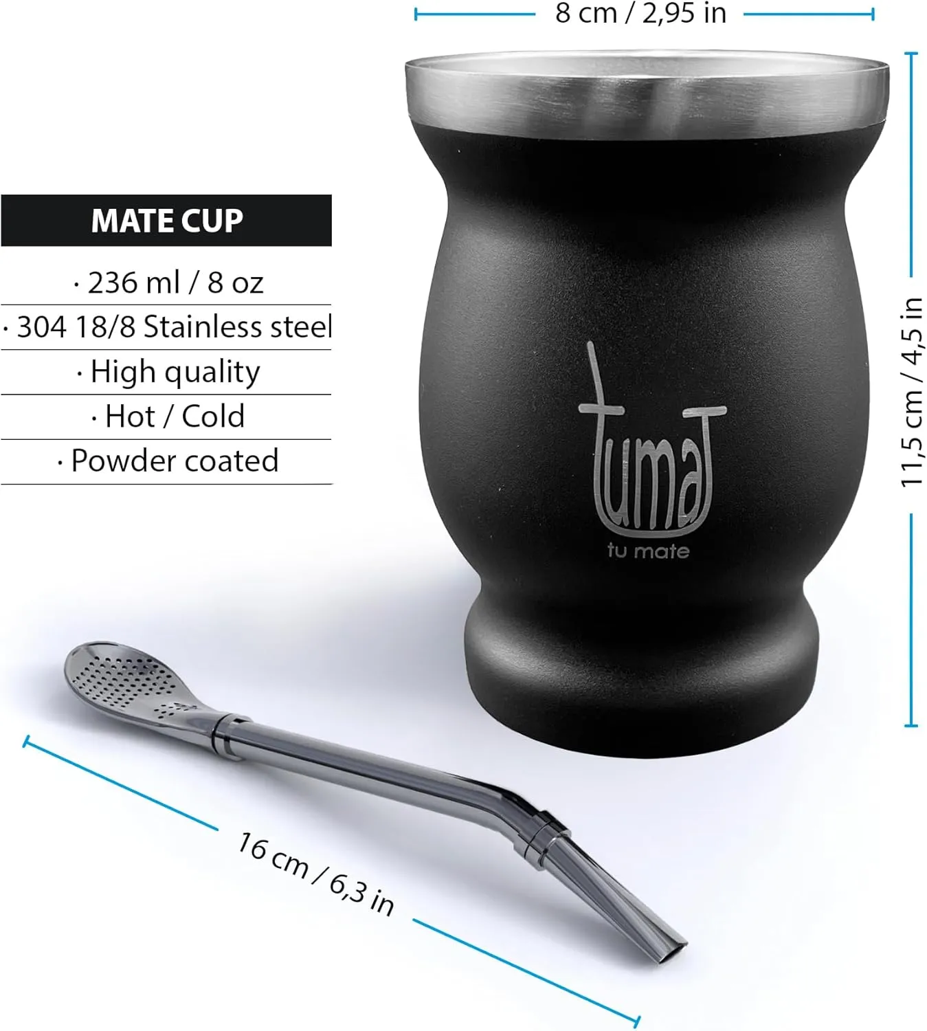 Complete Yerba Mate Kit - Includes Mate Cup, Straw (Bombilla), 750ml Thermos, Bag and two gifts (Container Yerbero and Car Immersion Heater) - Stainless Steel Yerba Mate Set (Black)