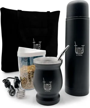 Complete Yerba Mate Kit - Includes Mate Cup, Straw (Bombilla), 750ml Thermos, Bag and two gifts (Container Yerbero and Car Immersion Heater) - Stainless Steel Yerba Mate Set (Black)