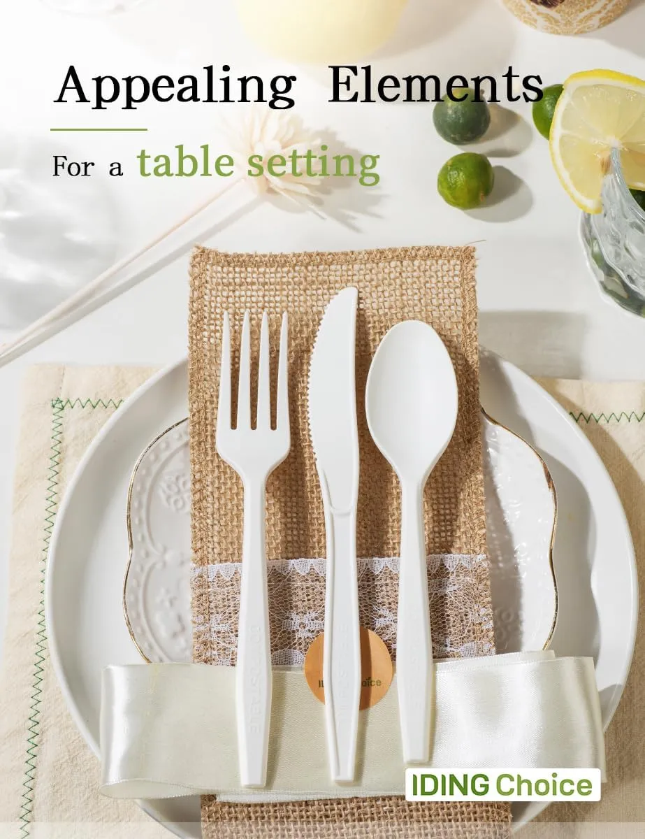Compostable Forks No Plastic Silverware 200 count disposable cutlery flatware heavy duty party utensils Eco Friendly Heavyweight White Fork for Wedding Office BBQ Picnic Outdoor Event