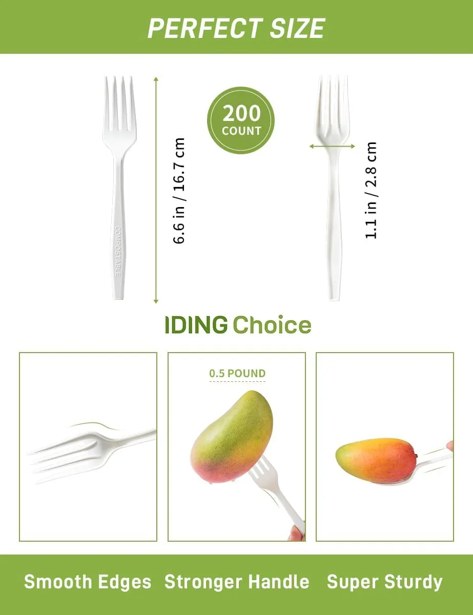 Compostable Forks No Plastic Silverware 200 count disposable cutlery flatware heavy duty party utensils Eco Friendly Heavyweight White Fork for Wedding Office BBQ Picnic Outdoor Event