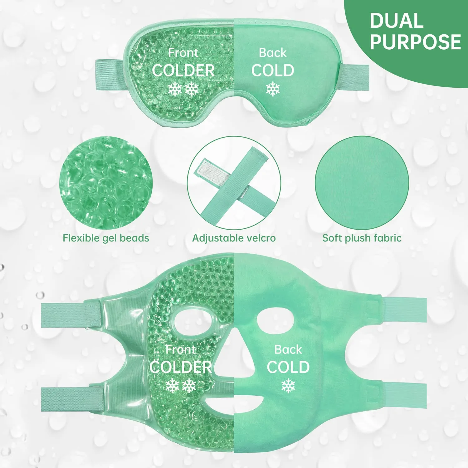 Cooling Ice Face Eye Mask for Reducing Puffiness, Bags Under Eyes,Sinus,Redness,Pain Relief,Dark Circles, Migraine,Hot/Cold Pack with Soft Plush Backing(Green(1* Eye Mask 1*Face Mask))