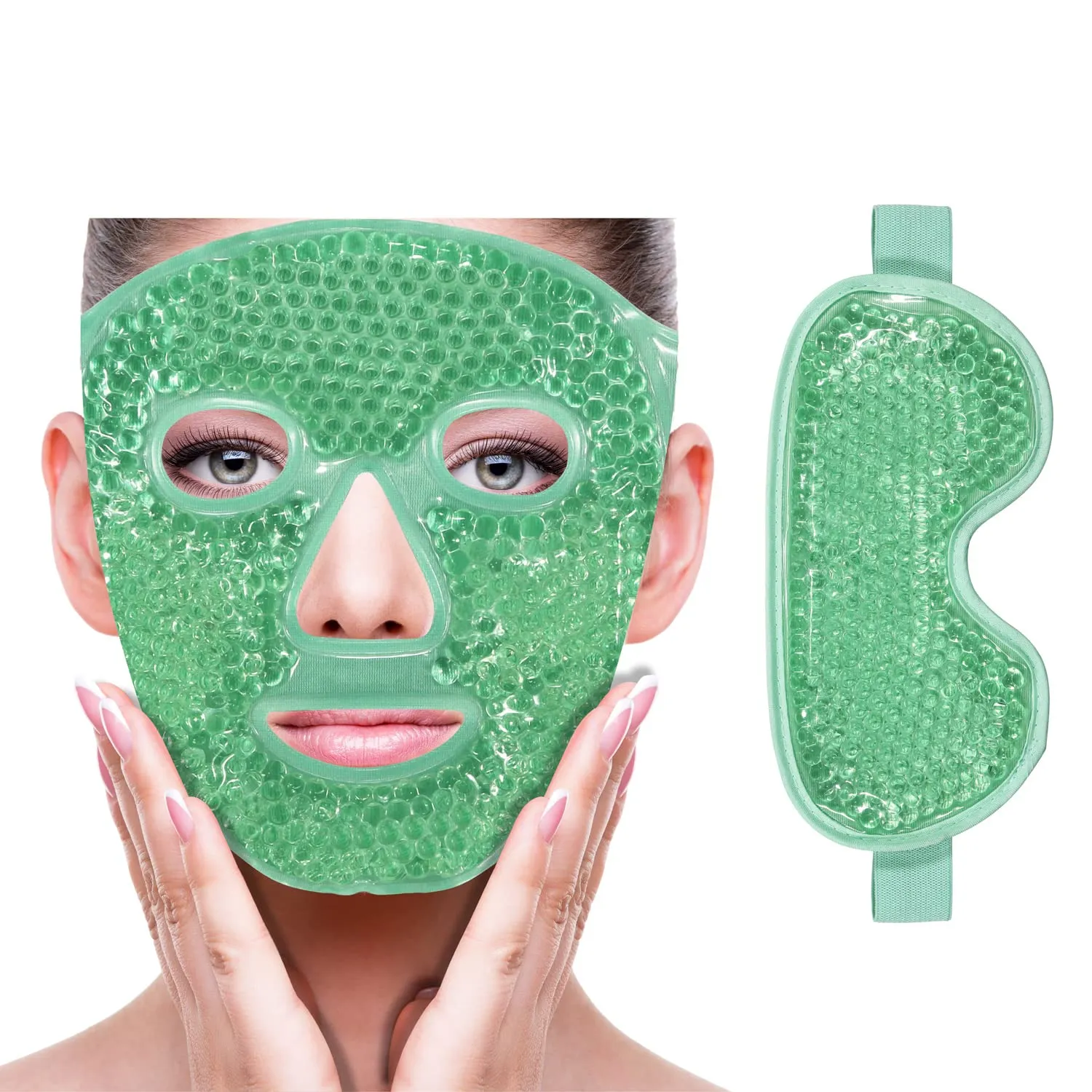 Cooling Ice Face Eye Mask for Reducing Puffiness, Bags Under Eyes,Sinus,Redness,Pain Relief,Dark Circles, Migraine,Hot/Cold Pack with Soft Plush Backing(Green(1* Eye Mask 1*Face Mask))