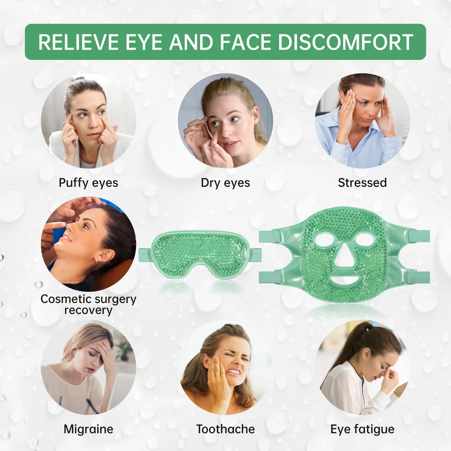 Cooling Ice Face Eye Mask for Reducing Puffiness, Bags Under Eyes,Sinus,Redness,Pain Relief,Dark Circles, Migraine,Hot/Cold Pack with Soft Plush Backing(Green(1* Eye Mask 1*Face Mask))