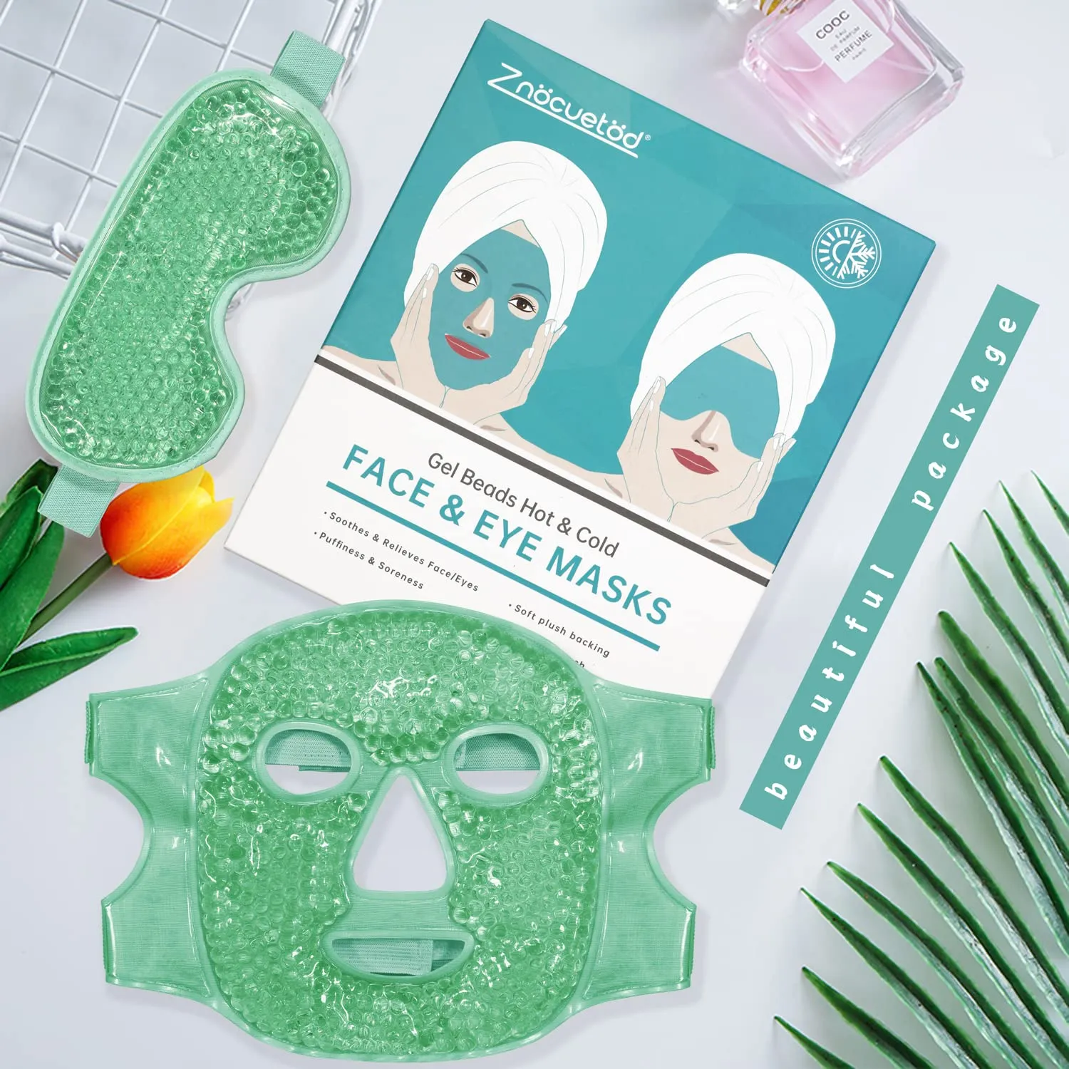 Cooling Ice Face Eye Mask for Reducing Puffiness, Bags Under Eyes,Sinus,Redness,Pain Relief,Dark Circles, Migraine,Hot/Cold Pack with Soft Plush Backing(Green(1* Eye Mask 1*Face Mask))