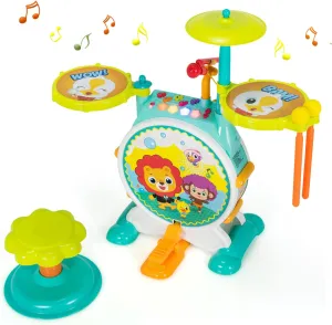 Costzon Kids Drum Set, Electric Musical Instruments Toy with Working Microphone, 2 Drum Sticks, Lights, Adjustable Sound, Bass Drum, Pedal & Stool, Gift for Toddler Boys Girls Age 3  Years Old