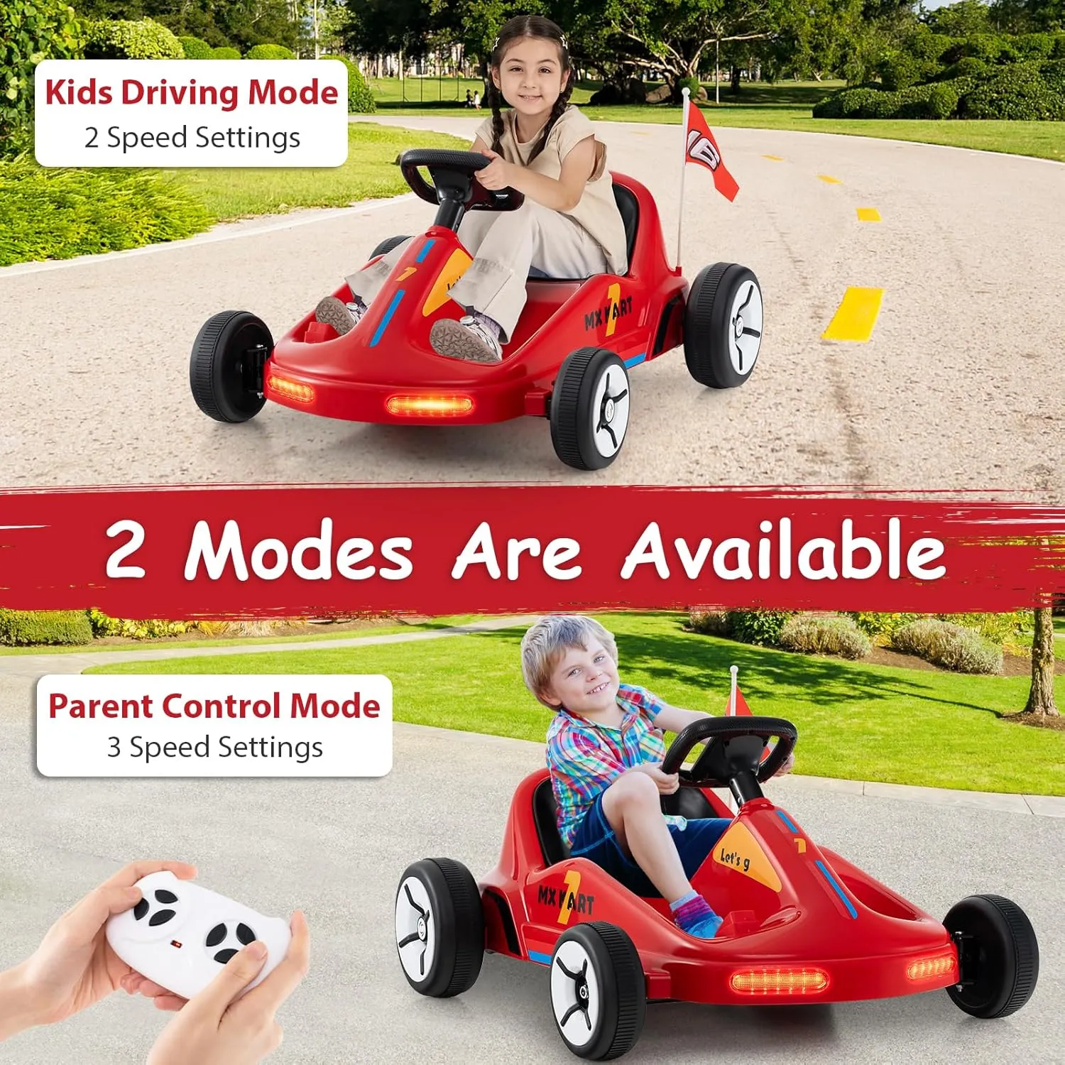 Costzon Kids Electric Go Kart, 12V 7AH Battery Powered Ride on Race Toy Car with Remote Control, LED Lights, Music, Story, Wireless Connection & Flags, Electric Pedal Kart for Aged 3 , Gift (Red)