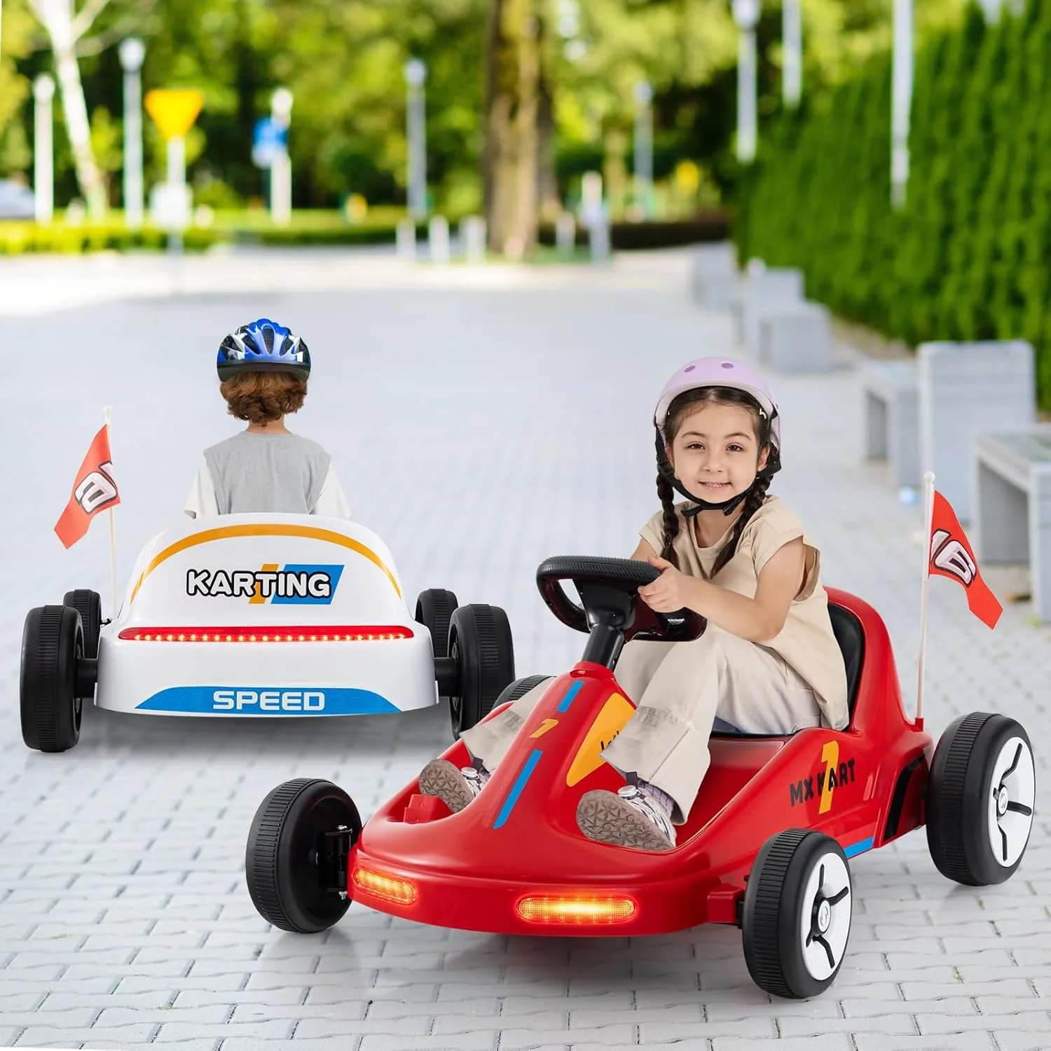 Costzon Kids Electric Go Kart, 12V 7AH Battery Powered Ride on Race Toy Car with Remote Control, LED Lights, Music, Story, Wireless Connection & Flags, Electric Pedal Kart for Aged 3 , Gift (Red)