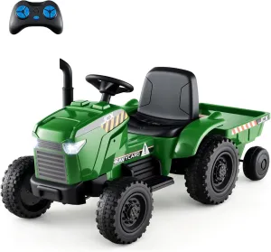 Costzon Ride on Tractor with Trailer, 12V Battery Powered Electric Vehicles with Remote Control, Music & Lights, Kids Tractor Ride on Toy with Shockproof EVA Wheels, Gift (EVA Tires, Dark Green)