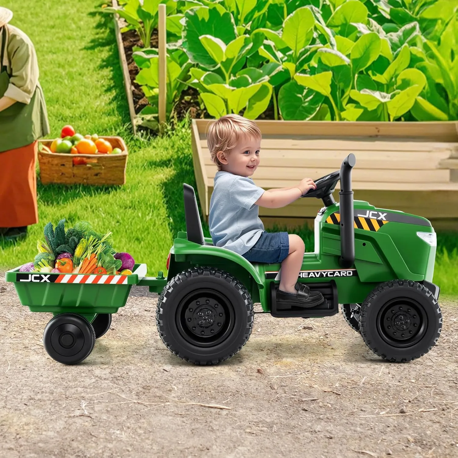 Costzon Ride on Tractor with Trailer, 12V Battery Powered Electric Vehicles with Remote Control, Music & Lights, Kids Tractor Ride on Toy with Shockproof EVA Wheels, Gift (EVA Tires, Dark Green)