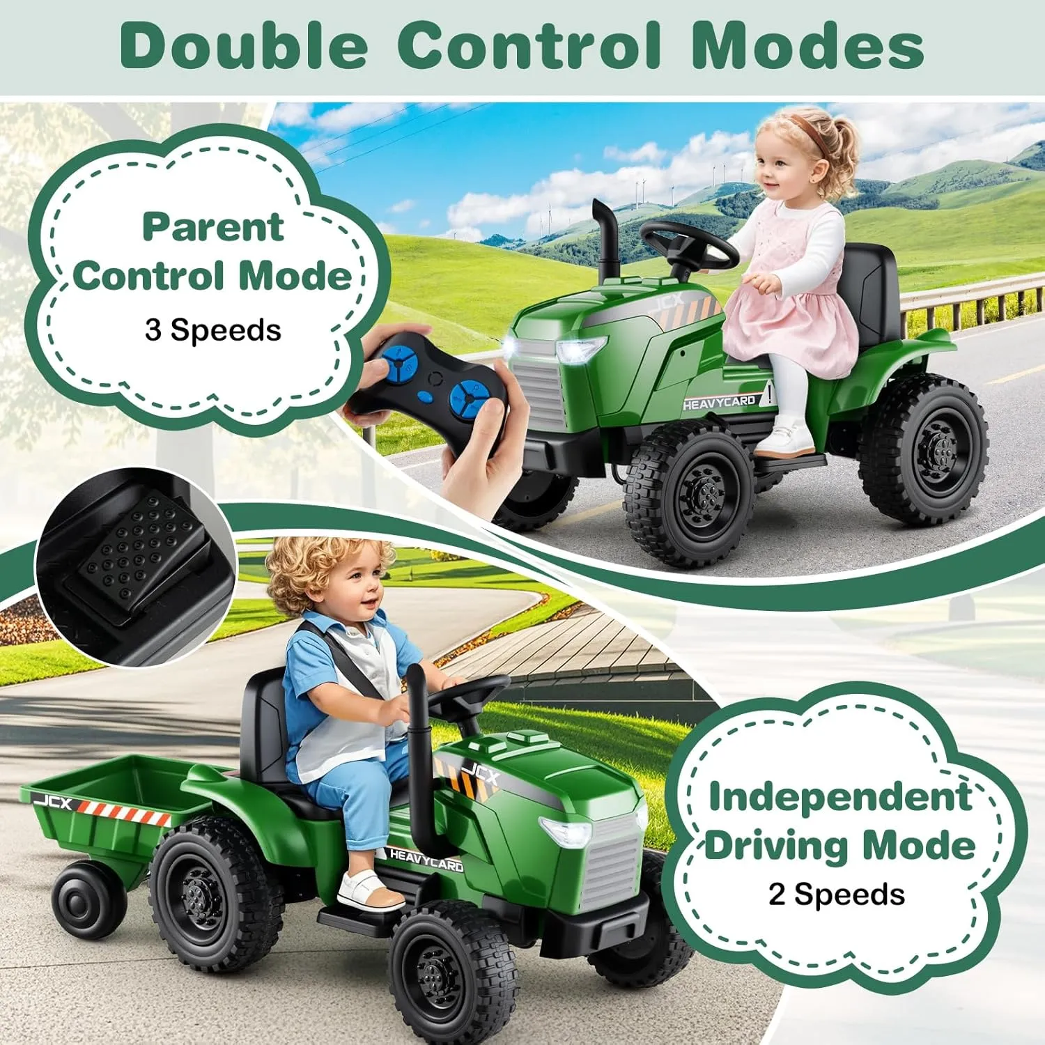 Costzon Ride on Tractor with Trailer, 12V Battery Powered Electric Vehicles with Remote Control, Music & Lights, Kids Tractor Ride on Toy with Shockproof EVA Wheels, Gift (EVA Tires, Dark Green)