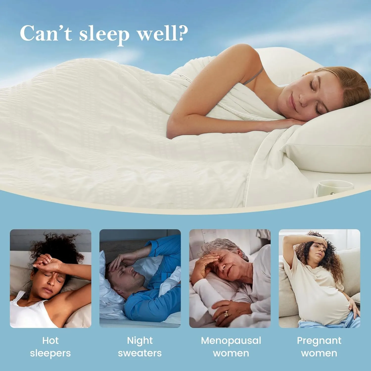 Cozy Bliss Seersucker Cooling Comforter King Size, Q-Max 0.4 Reversible Lightweight Cooling Blanket, Breathable Silk Smooth Summer Bedding Quilt for Hot Sleepers Night Sweats Cream White