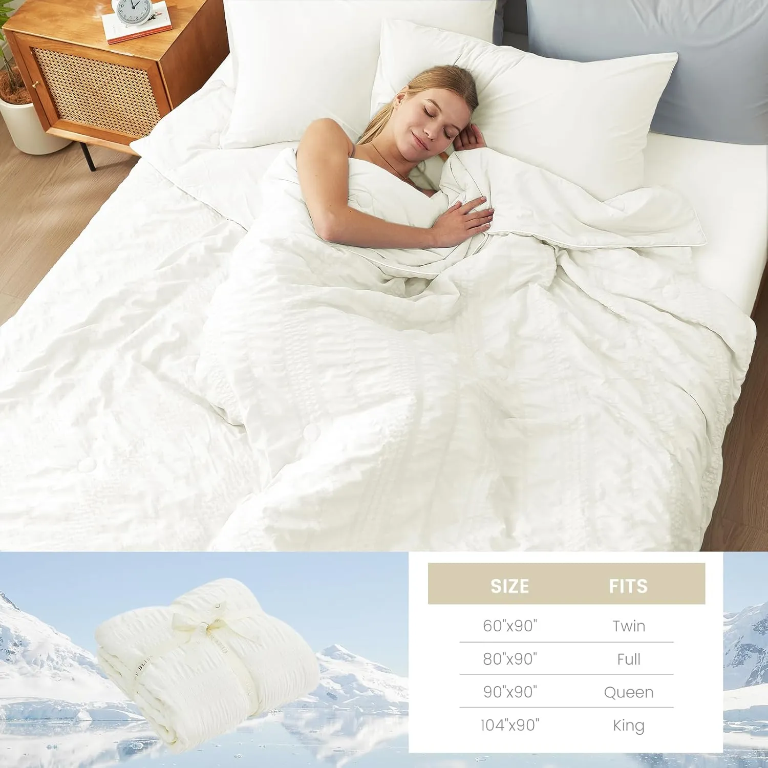 Cozy Bliss Seersucker Cooling Comforter King Size, Q-Max 0.4 Reversible Lightweight Cooling Blanket, Breathable Silk Smooth Summer Bedding Quilt for Hot Sleepers Night Sweats Cream White